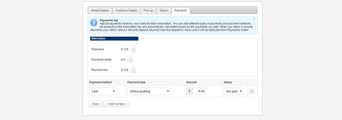 Car Rental Website - Payments log