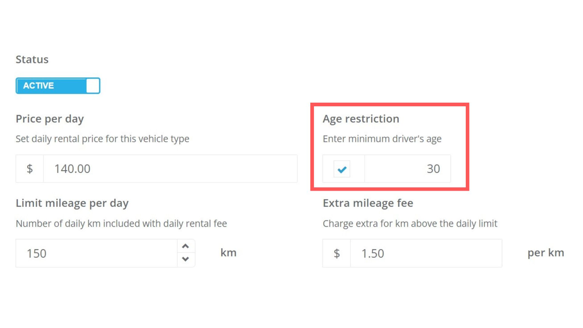 Minimum driver age per vehicle 