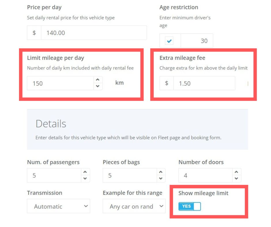 Show mileage limit and price 