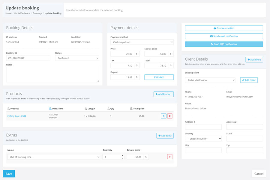 Manage reservation screen