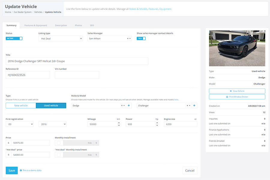 Full vehicle specification