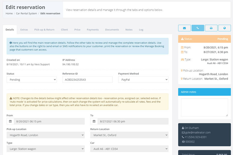 Manage reservation screen