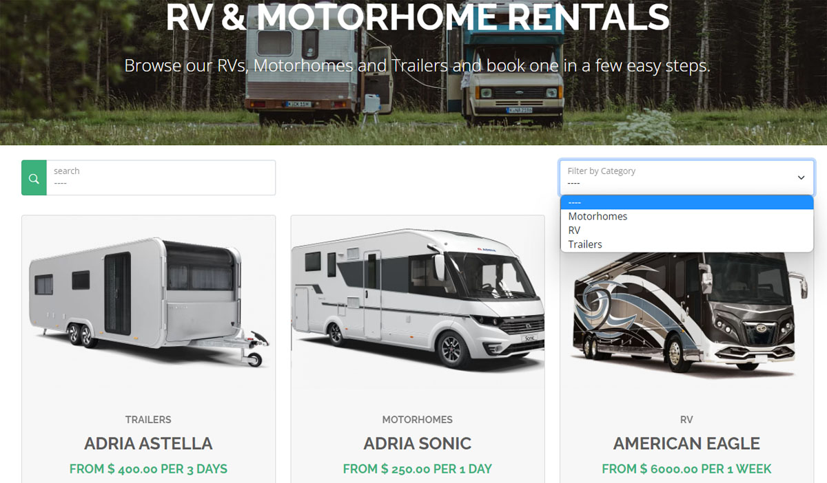 Categories for the campers of the caravan and camper rental website builder