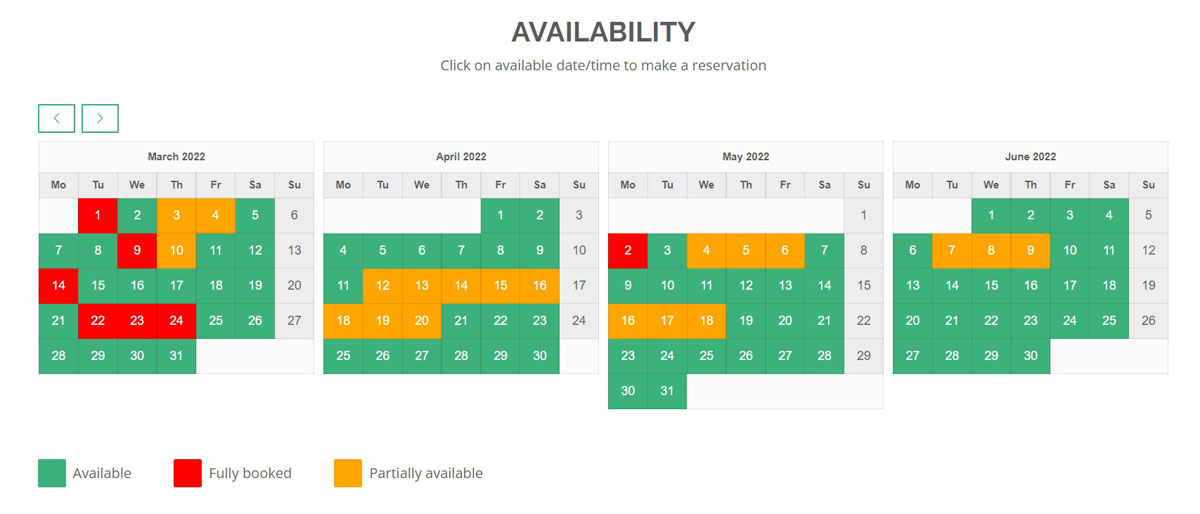 Daily availability calendar for the caravan and camper rental website builder