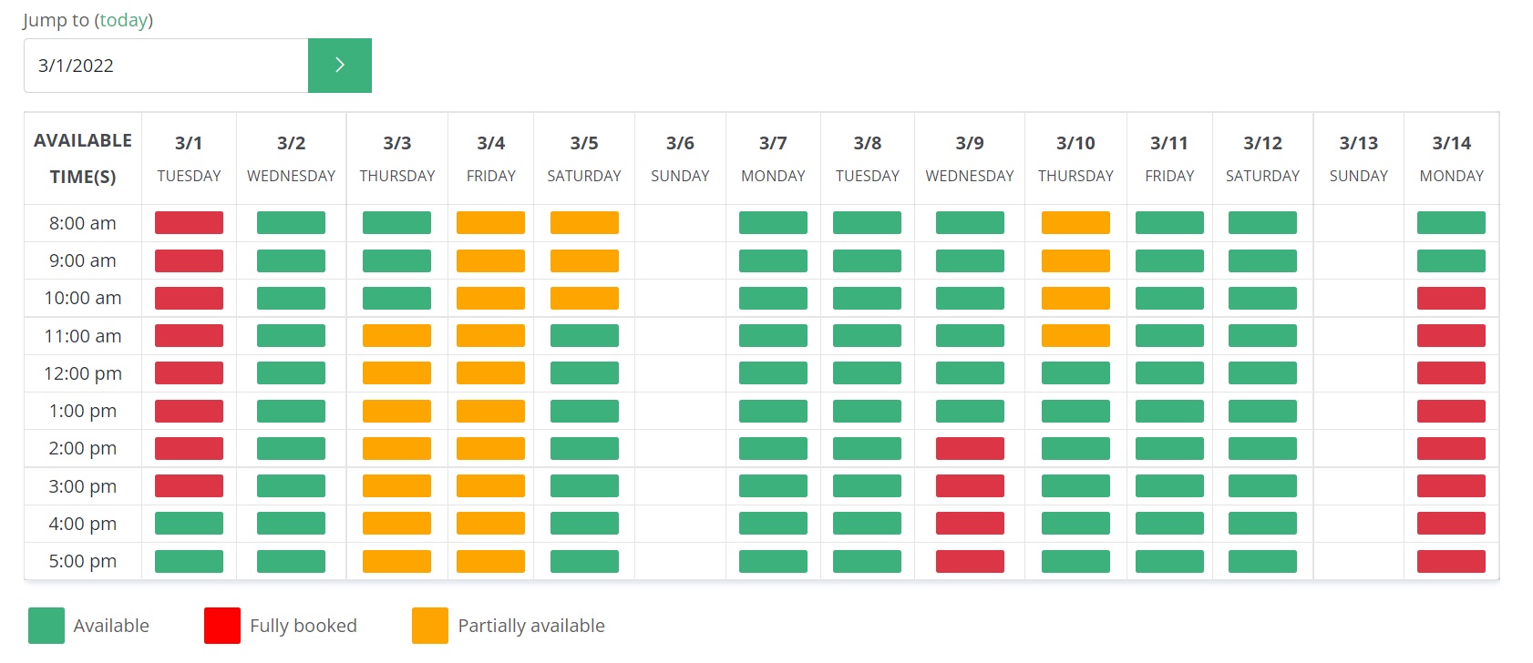 Equipment rental time slot availability calendar