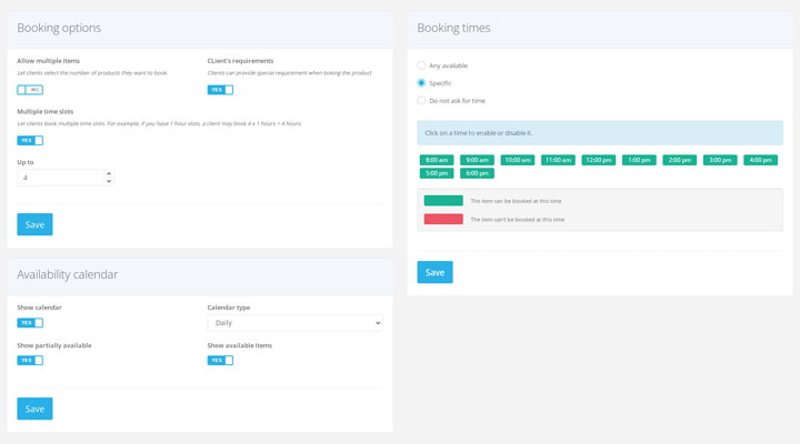 Various booking settings