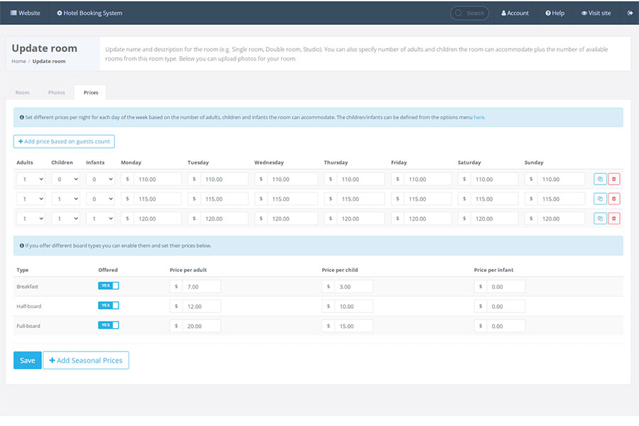 VEVS Hotel Booking Software room rates management