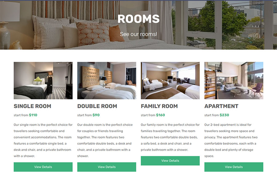 VEVS Hotel Website Builder rooms page