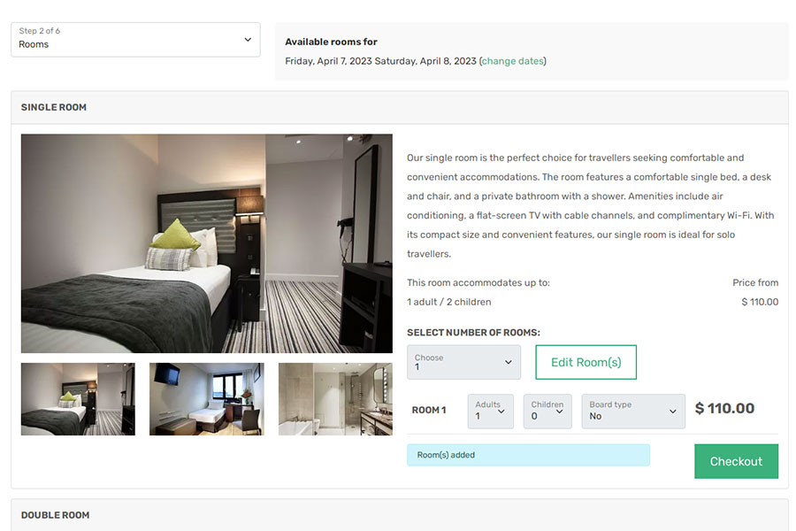 VEVS hotel website booking - select a room