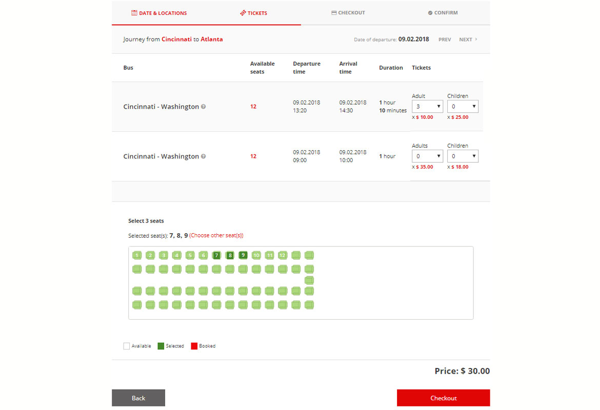 VEVS Bus Website - Ticket Booking