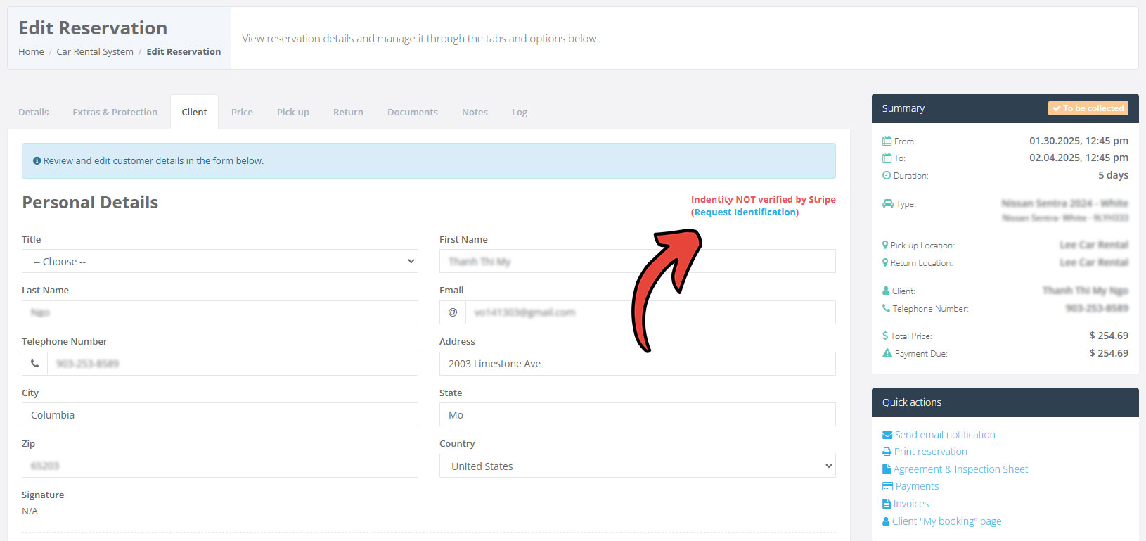 Request identity verification screen
