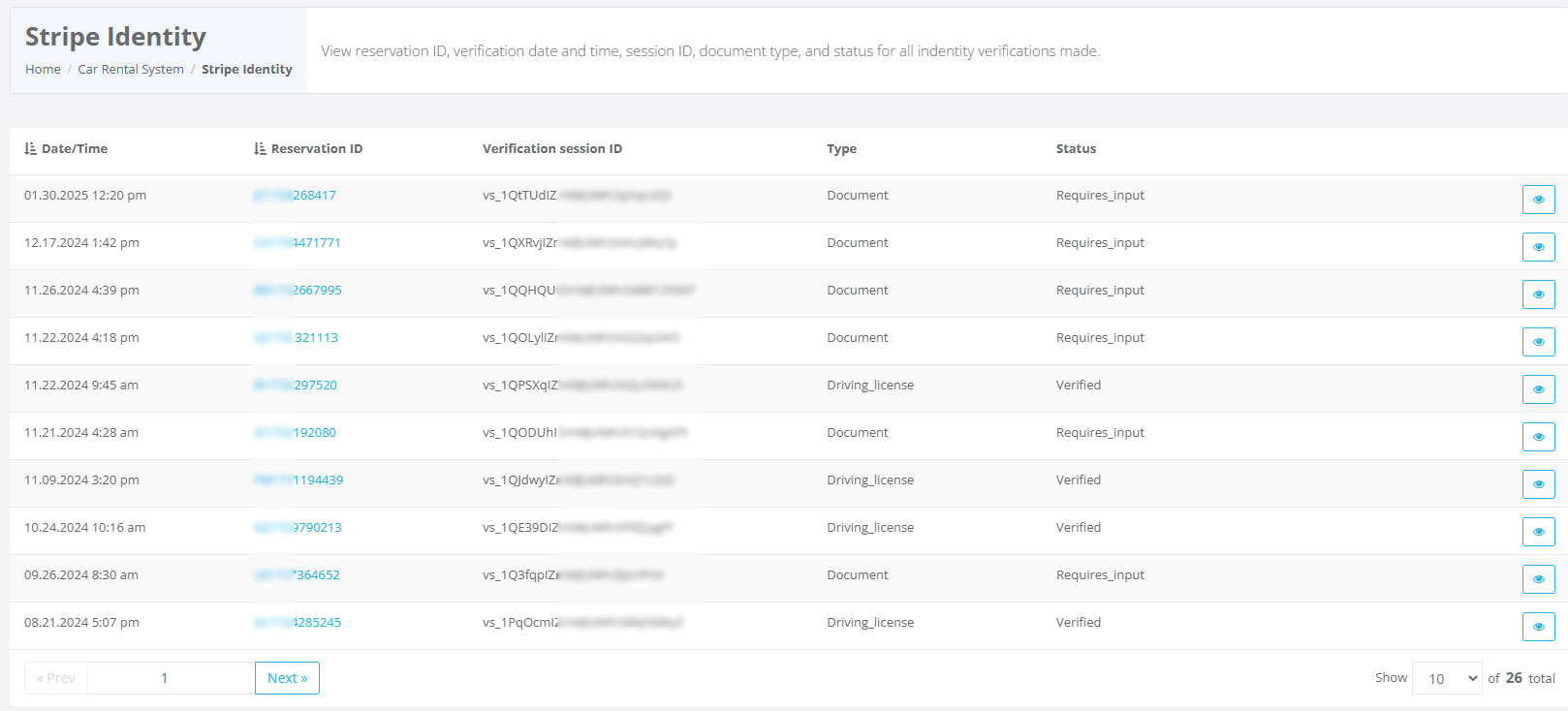 Stripe identity verification records