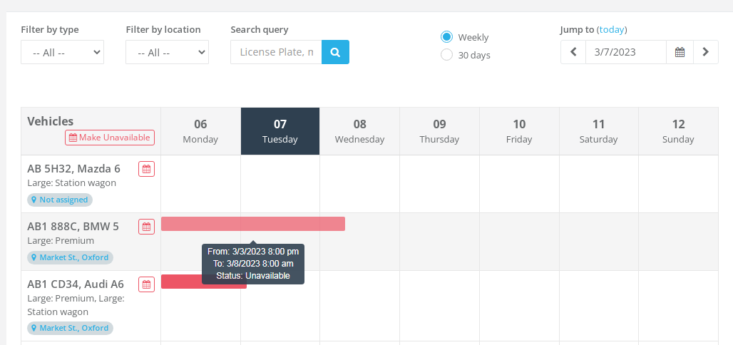 Fleet calendar showing VEVS and Turo bookings