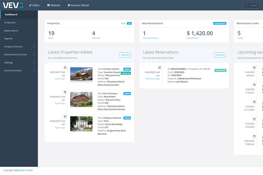 VEVS Vacation Rental Software Dashboard