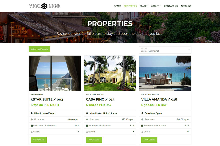 Vacation rental website - properties listing