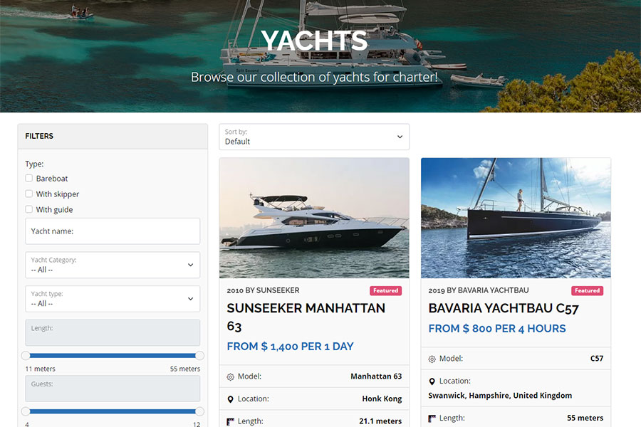 Yachts listing page
