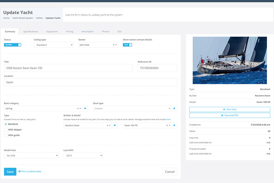 Yacht details page