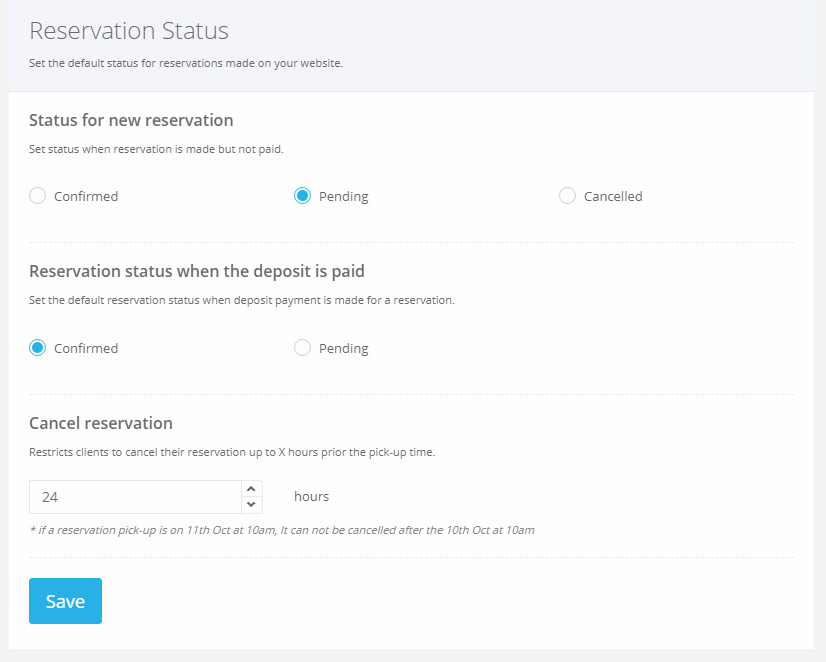 VEVS Car Rental Website - booking status flow settings