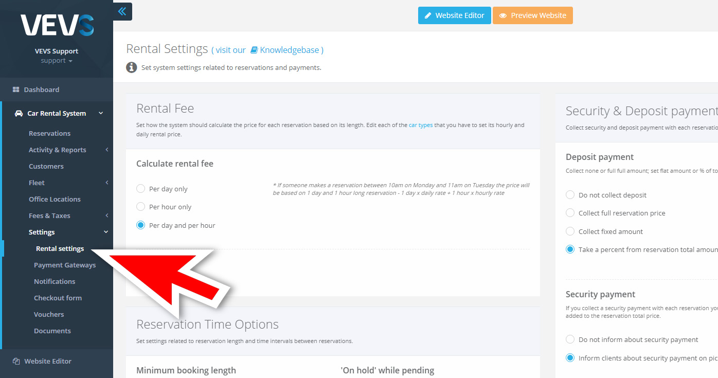 VEVS Car Rental Website - Rental Settings menu