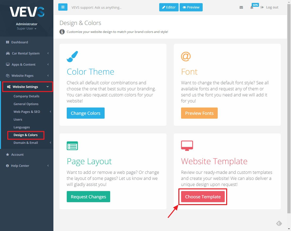 VEVS CMS Website template options