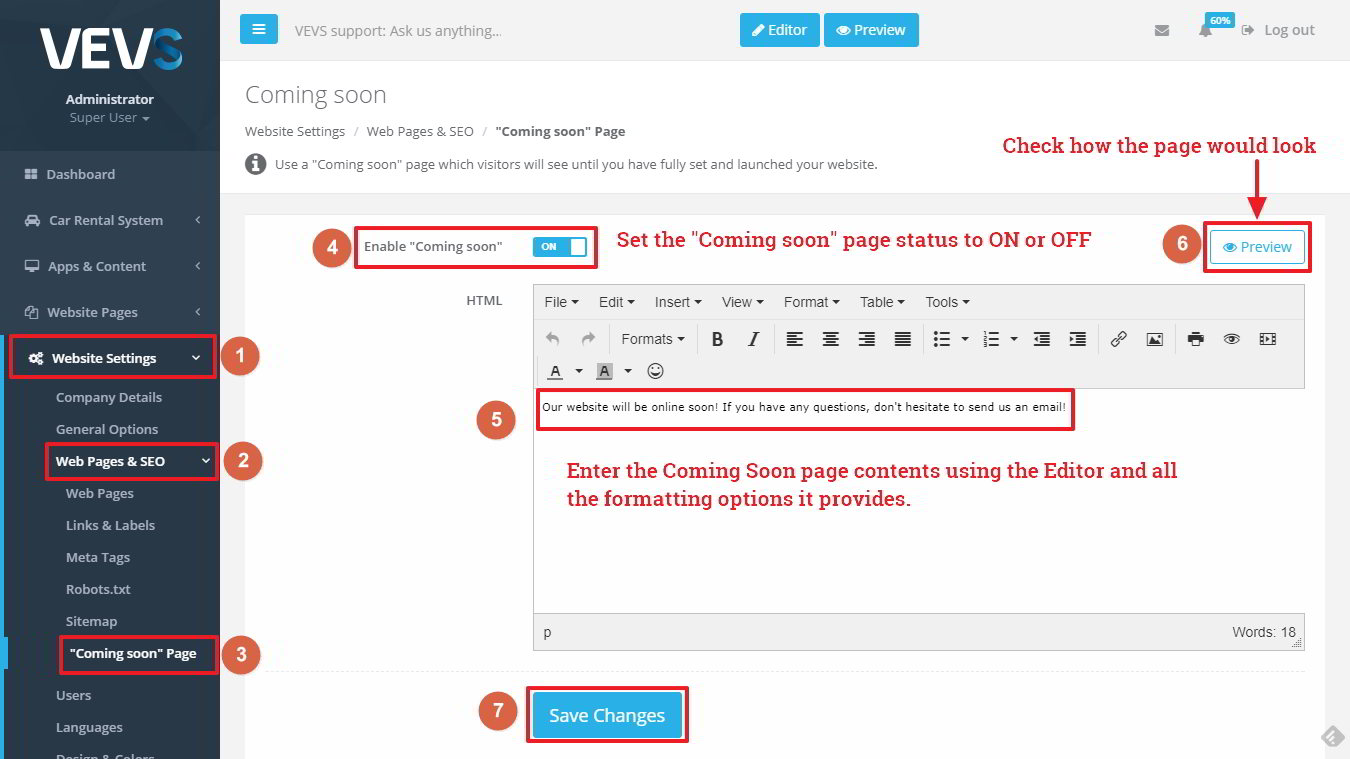 VEVS CMS "Coming soon" page settings