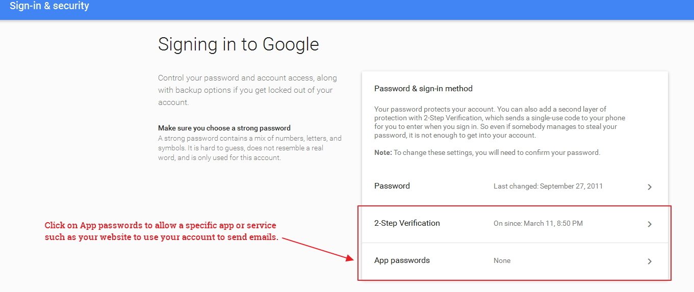 Gmail Security Settings - App Passwords