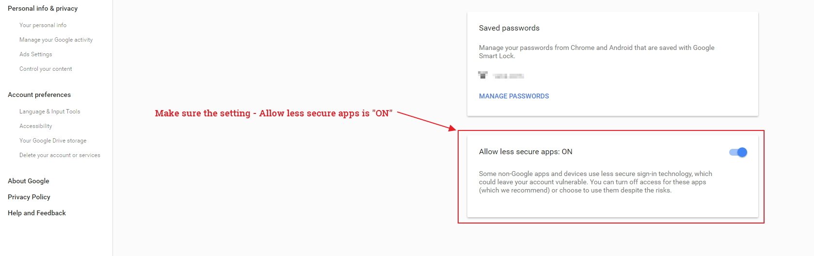 Gmail Security Settings - Allow less secure apps