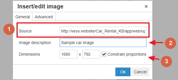 Insert image in the text area - settings