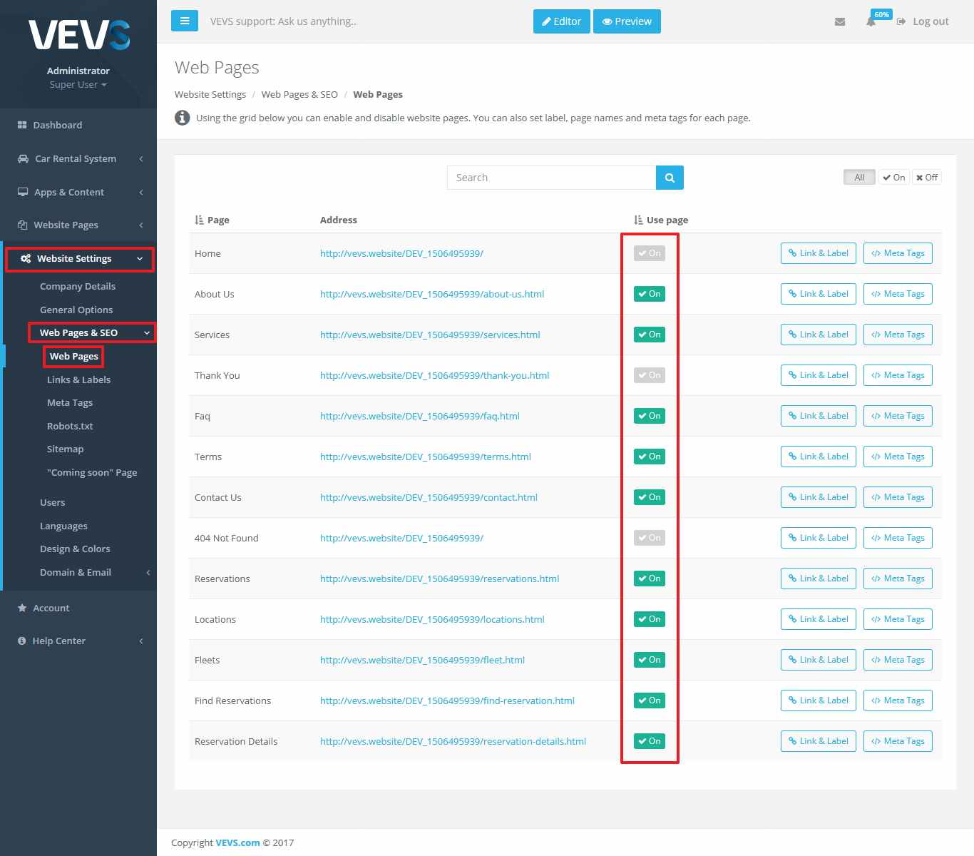 VEVS CMS manage website menu pages