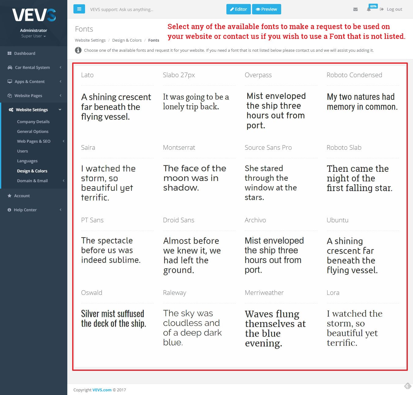 VEVS CMS Fonts settings page