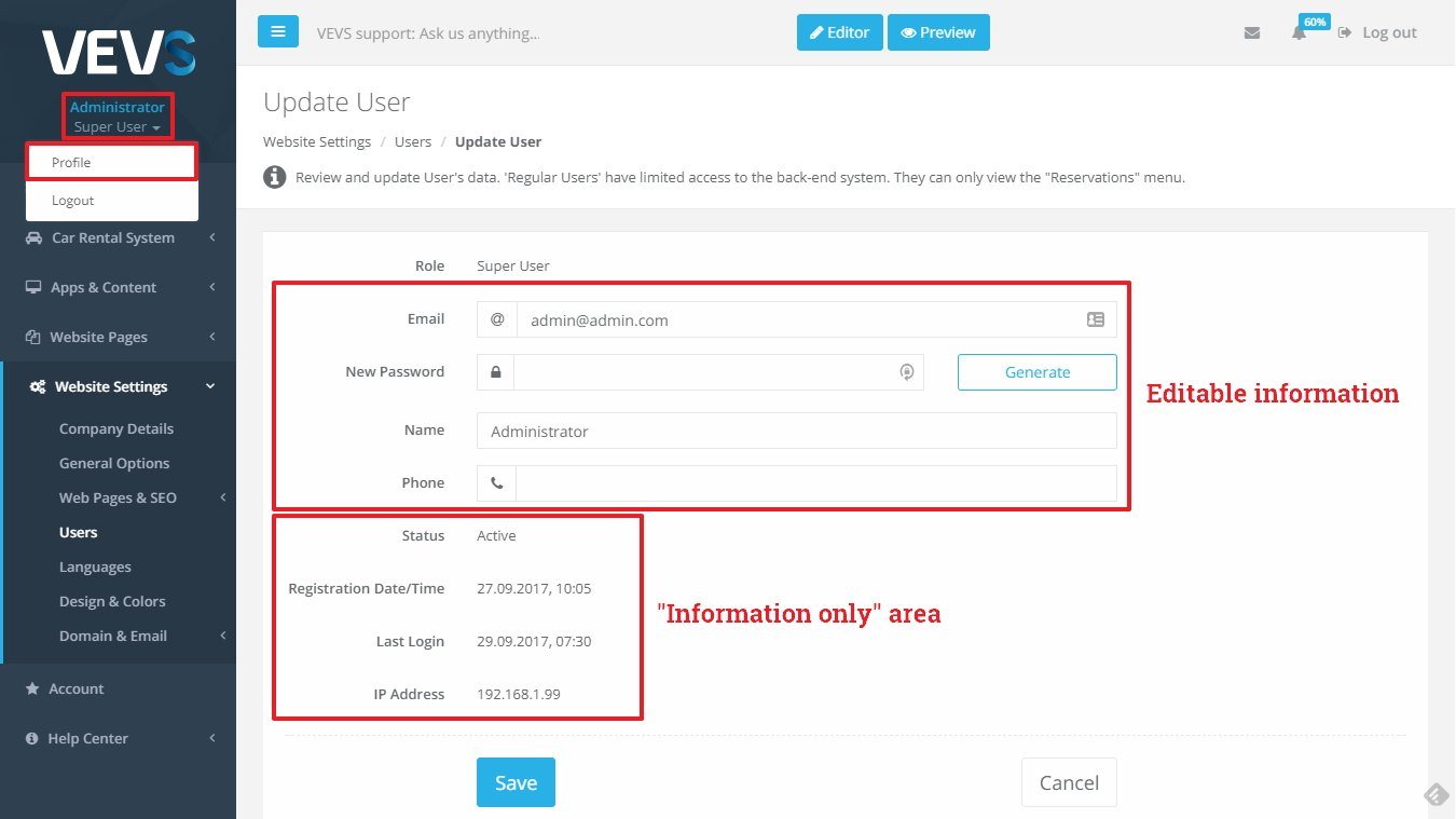 VEVS CMS Profile Settings page