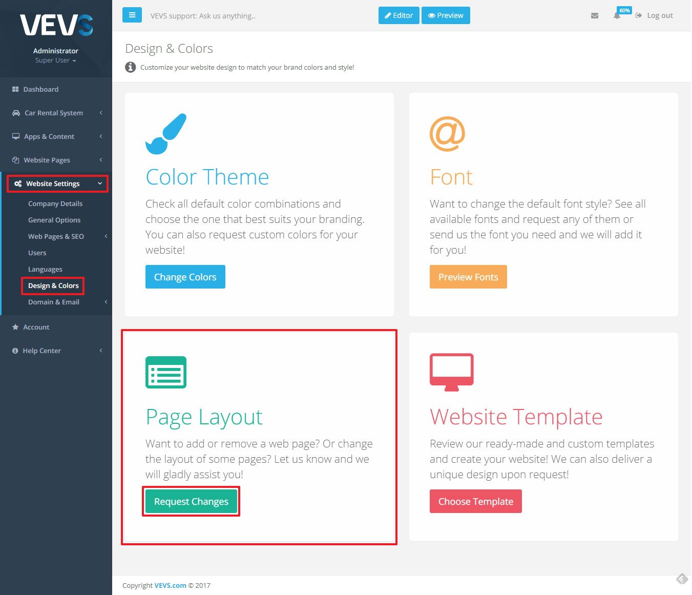 VEVS CMS Design & Color menu Change Page layout