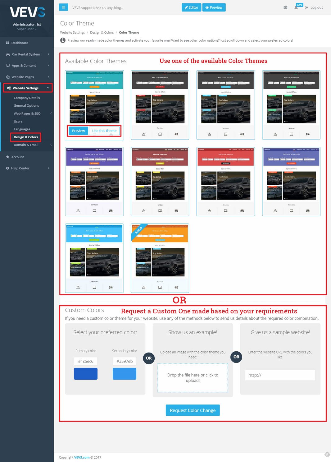 VEVS CMS Color Theme grid and request form