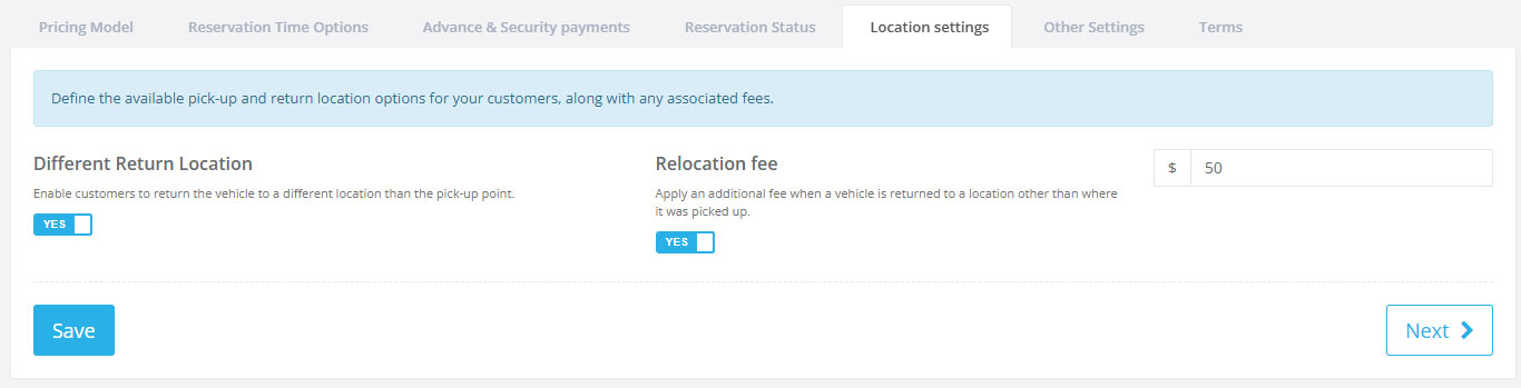 VEVS Car Rental Software - Location Settings