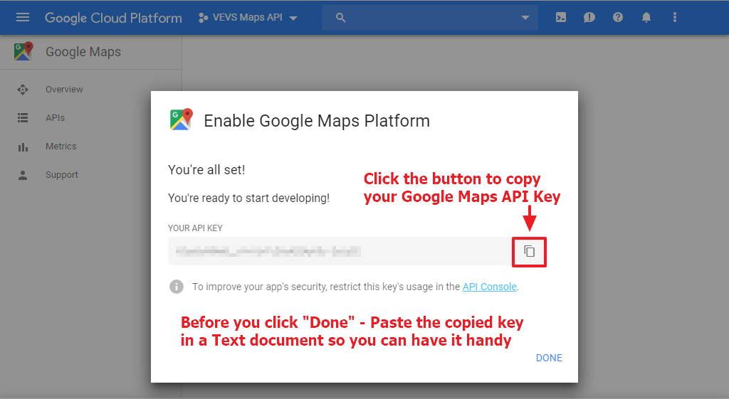 Google Maps - Copy API Key