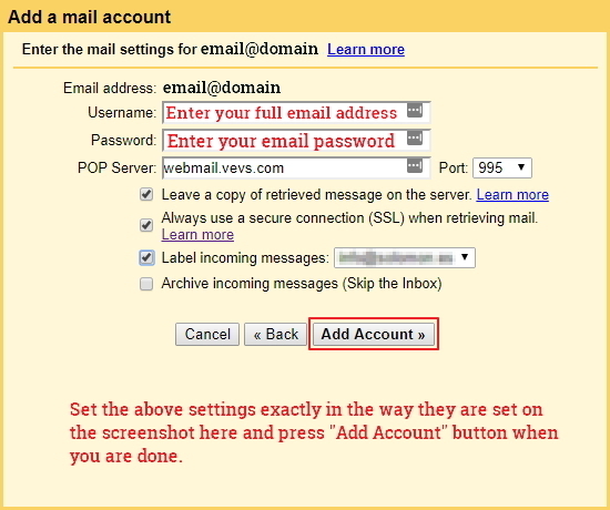 Gmail - receive emails from alternative email address - POP3 settings