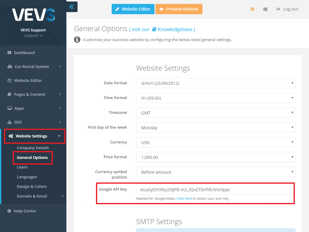 VEVS Website Builder set Google Maps APIs