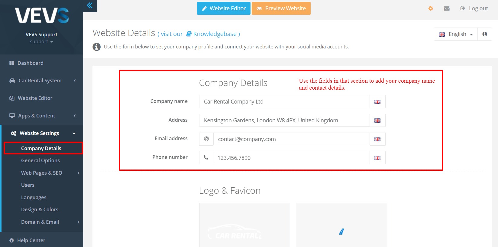 VEVS Website Builder - manage company details